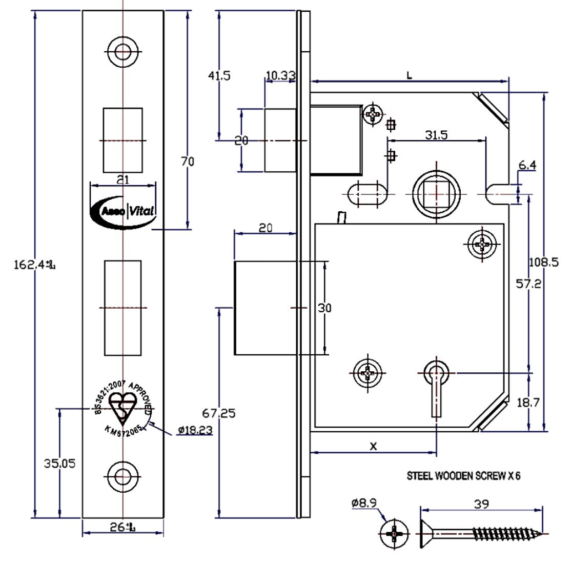 Asec British Standard 5 Lever Vital Mortice Sashlock